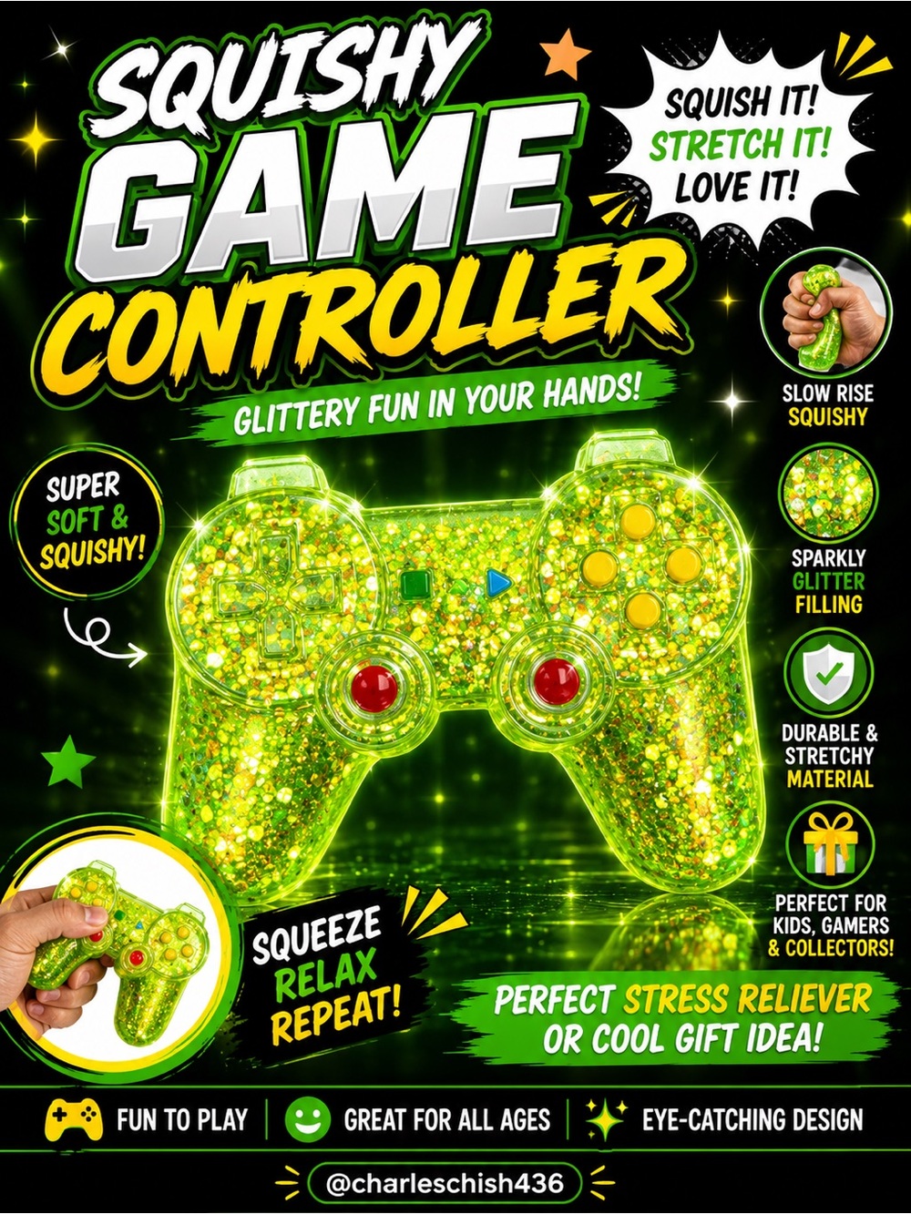 Squishy Glitter Game Controller Stress Toy - Various colors